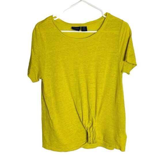 Rachel Roy 100% Linen Top Womens M Chartreuse Short Sleeve Twist Knot Shirt - Picture 1 of 6